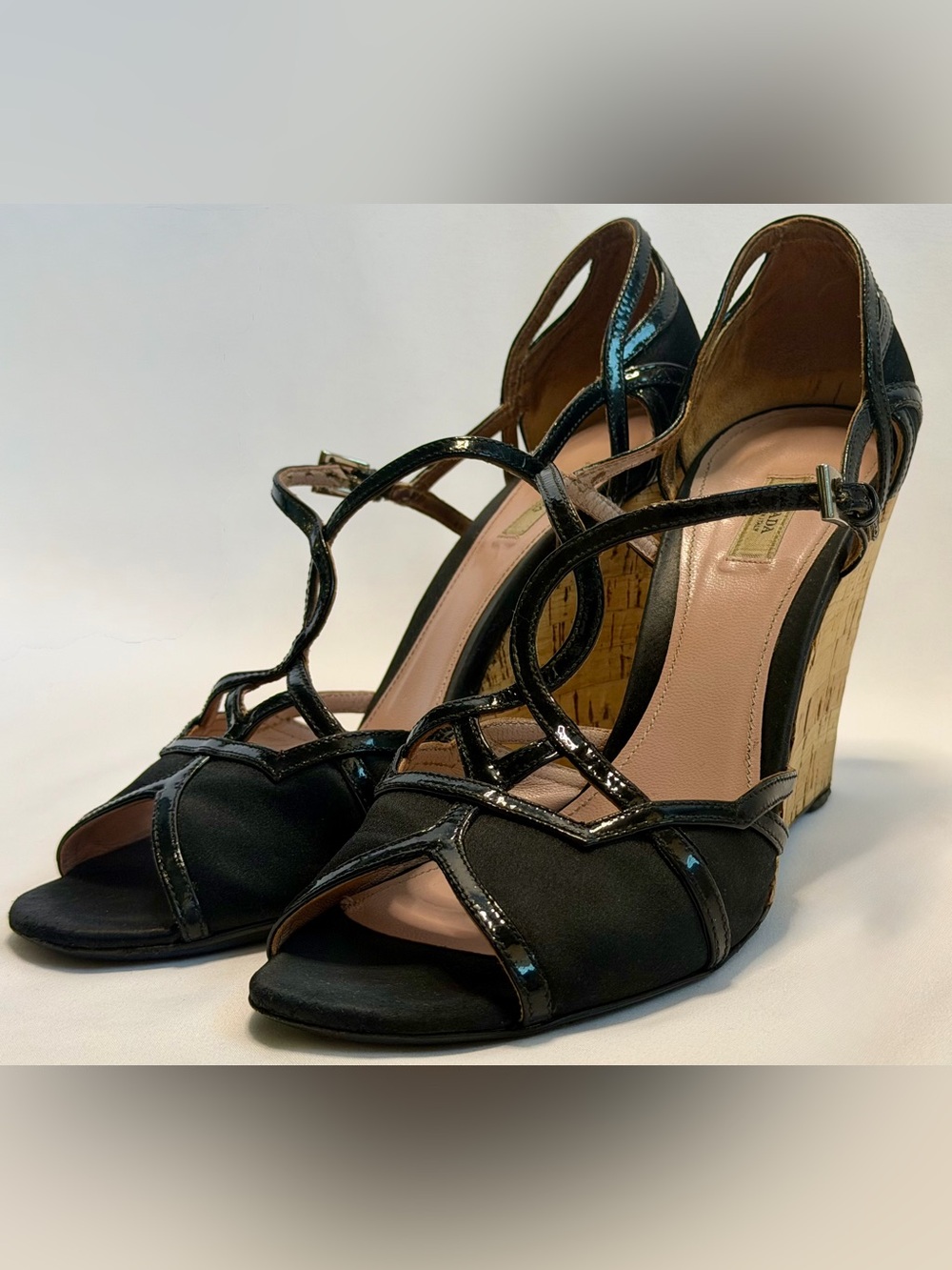 Prada Black Satin Patent Leather Cork Wedge Sandals Ankle Strap EU 38.5